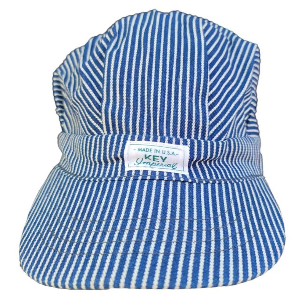 Vintage Key Imperial Railroad Train Conductor Slouch Hat Cap Hickory Stripe M18